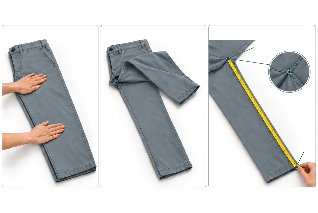Step-by-step visual photo guide to measuring flat pants inseam across three demonstrated stages, with magnified crotch inset.