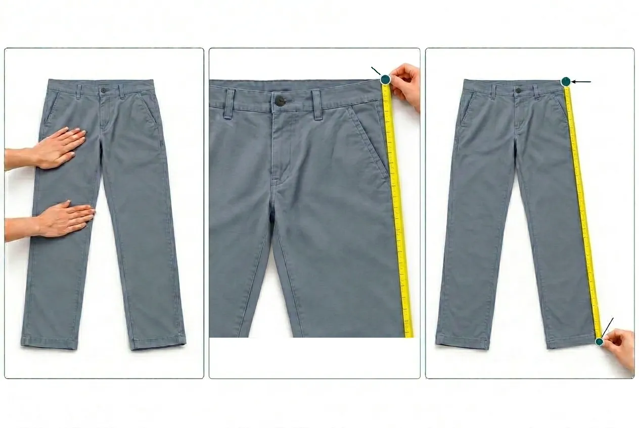 Step-by-step visual photo guide demonstrating how to measure pants outseam on a flat surface from waistband to hem.