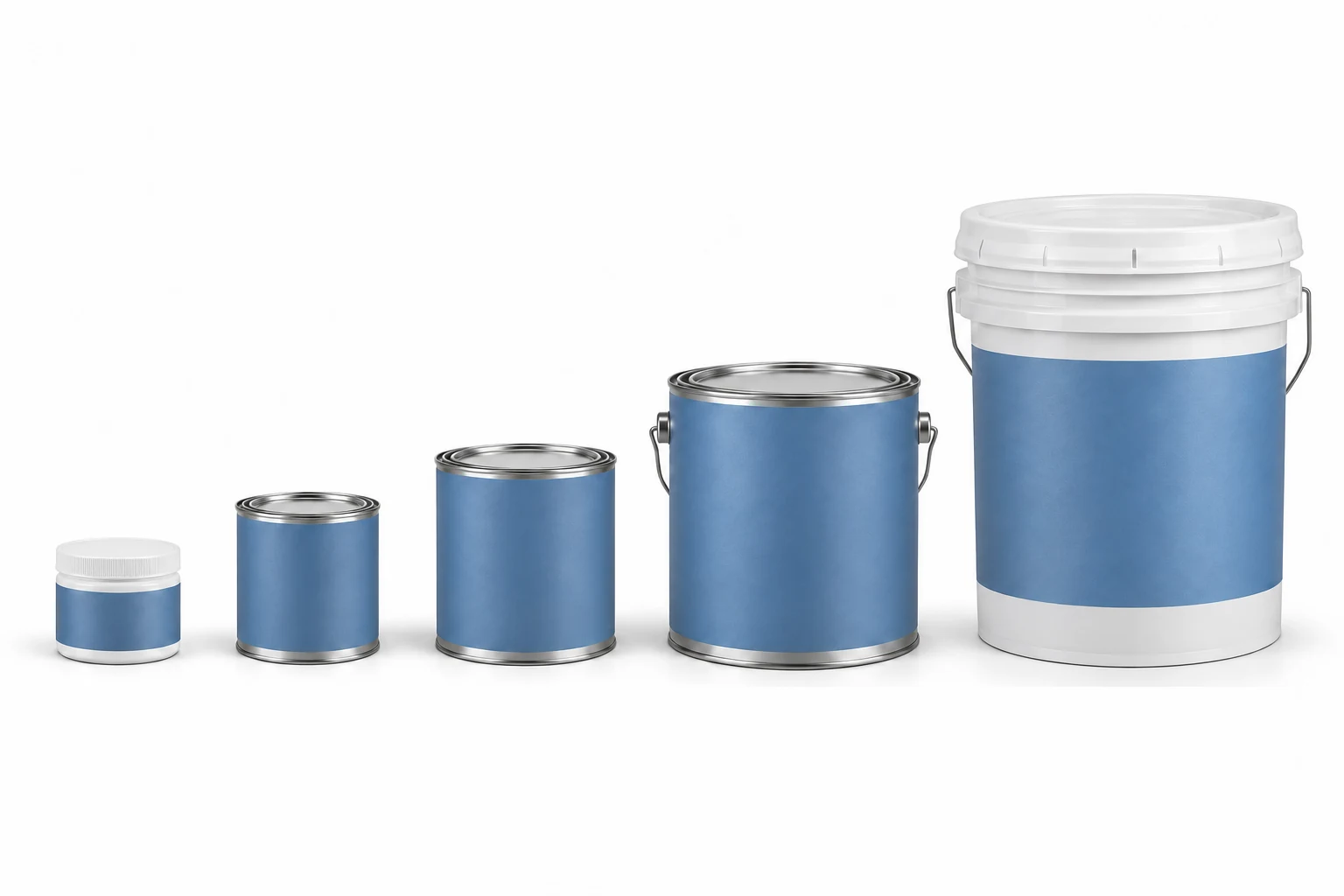 Visual comparison diagram illustrating standard US paint can measurements and container sizes arranged from smallest to largest.