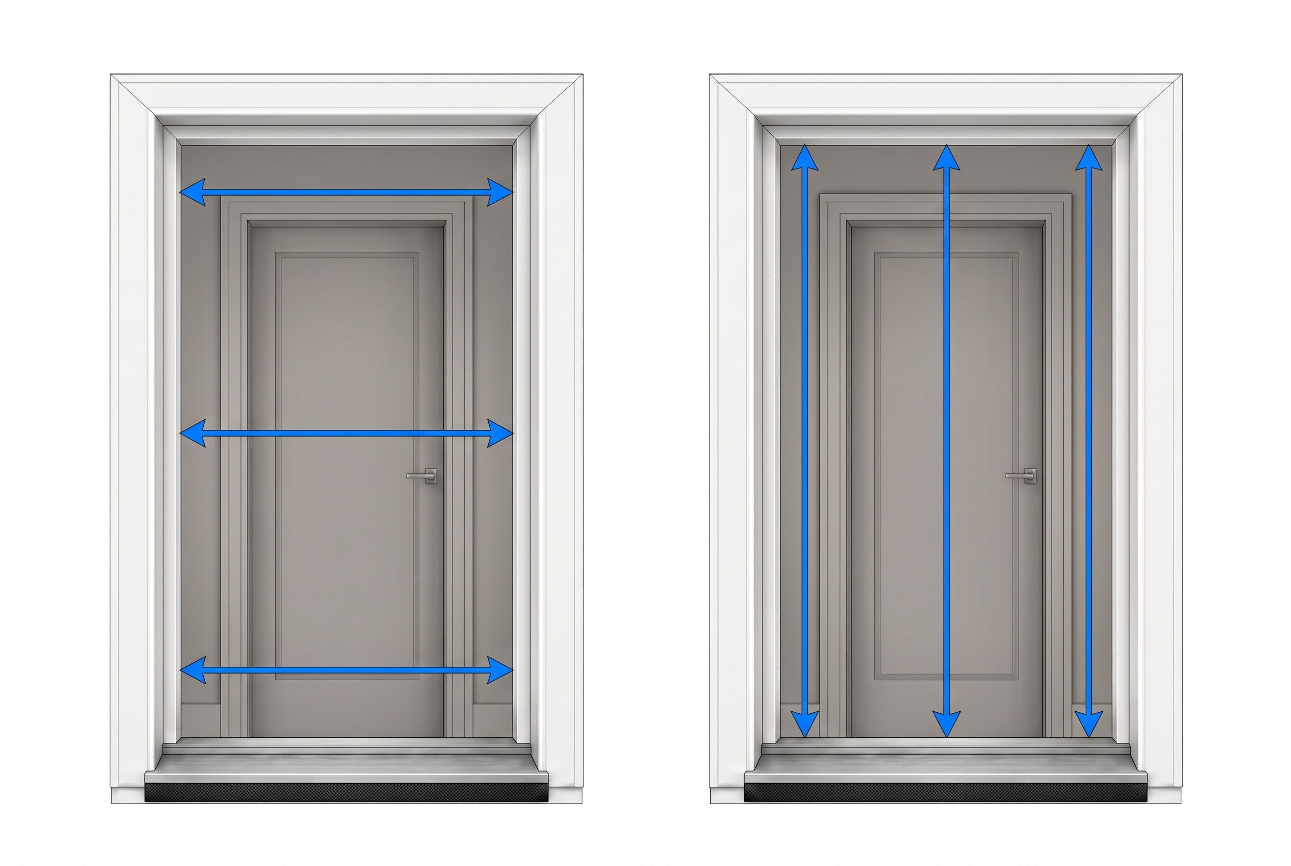 Storm door frame diagram showing three horizontal width measurement positions (Top, Middle, Bottom) and three vertical height measurement positions (Left, Center, Right)